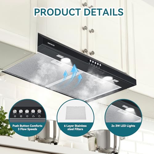 Image of 36 inch Under Cabinet Range Hood, Convertible Ducted /Ductless, 700 CFM Powerful Suction, 3-Speed Touch Control, 2 LED Lights, 6-Layer Stainless Steel Filters, Black