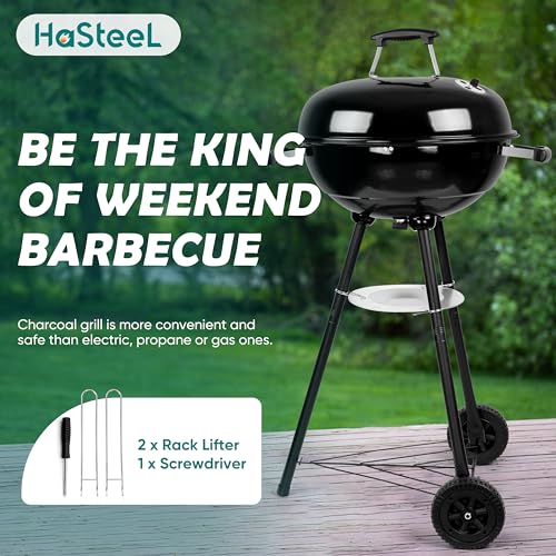 Image of HaSteeL 18 Inch Charcoal Grill, Black Kettle Outdoor Barbecue Grill, 2-In-1 Portable BBQ Grill with Wheels for Camping Backyard Patio Picnic, Porcelain-Enameled Lid & Fire Bowl, 254.SQ.IN Cooking Area