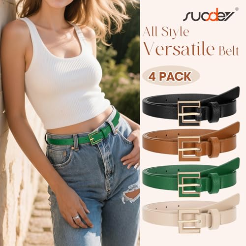 SUOSDEY 4 Pack Women Skinny Belts for Jeans Dress Ladies Thin Waist Belt with Gold Square Buckle 0.7" Width4