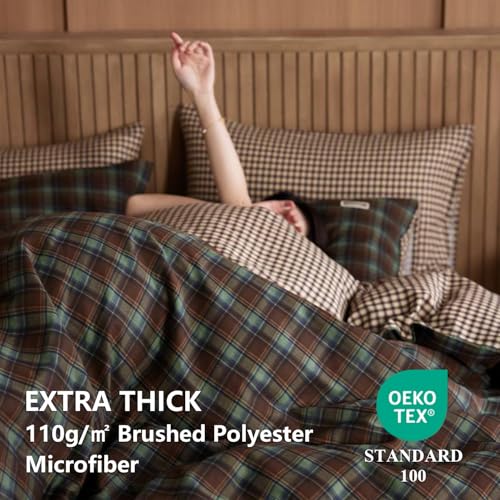Image of Gingham Duvet Cover King Size Brown Green Plaid Checkered Reversible Bedding Set 3 Pcs Vintage Tan Grid Soft Lightweight Microfiber Comforter Cover Set with Zipper Closure and 2 Pillowcases