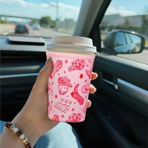 Image of Reusable Insulated Sleeve for Iced Coffee Cup, Coffee Neoprene Sleeve for Cold & Hot Drinks, Beverage Holder for Iced Coffee (Pink Cowgirl, Large: 32oz)