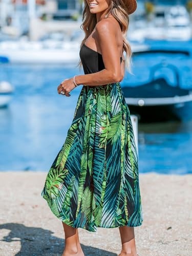 Image of CUPSHE Women Tube Floral Midi Summer Dress Straight Neck Split Hem Tropical Casual Sundress Holiday Vacation Beach Dress