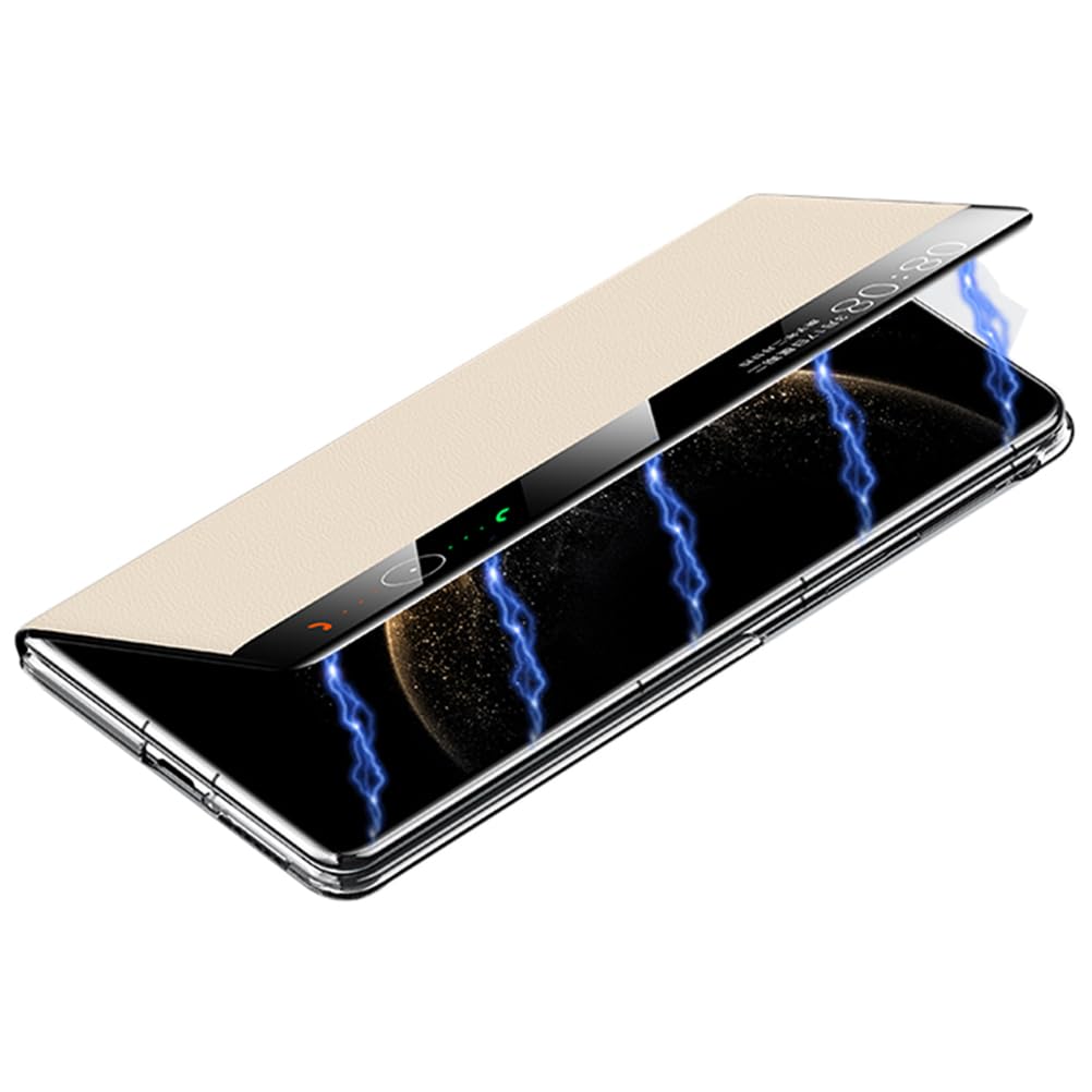 Hülle Für Huawei Mate X6, Echtes Lederhülle Flip View Fenster Ultradünnes Luxury Magnetische Adsorption Stossfest Handyhülle,Weiß,Mate X6