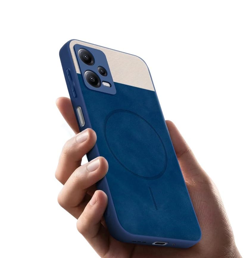 Image of Bintage CASE Dual-Leather Mac Safe Design Phone Case| Soft Touch Finish | Full Camera Protectection Back Cover Compatible for Mi Redmi Note 12 5G - White & Royal Blue