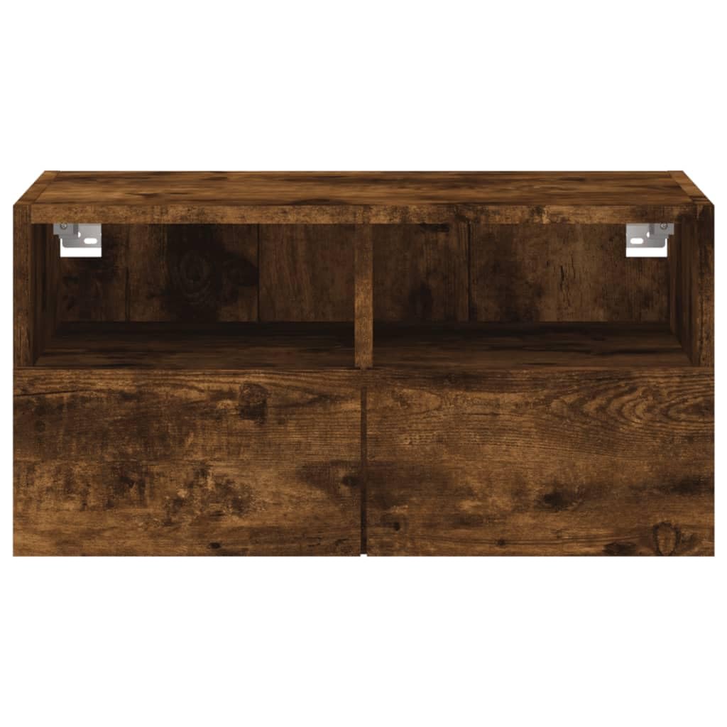 Fengshui Mobile da parete per TV, in legno di rovere affumicato, 60 x 30 x 30 cm | 2 ripiani, 2 scomparti dietro la porta, montaggio a parete, spazio per libri e DVD