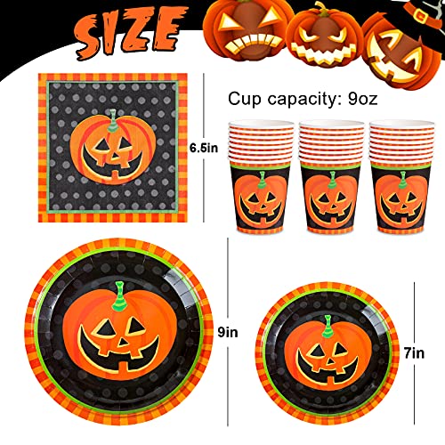 Whaline 96Pcs Halloween Party Dinnerware Set Orange Black Pumpkin Themed Paper Plates Cups Napkins Halloween Disposable Tableware Party Supplies For Spooky Themed Party Birthday, Serves 24 Guests #TOP2