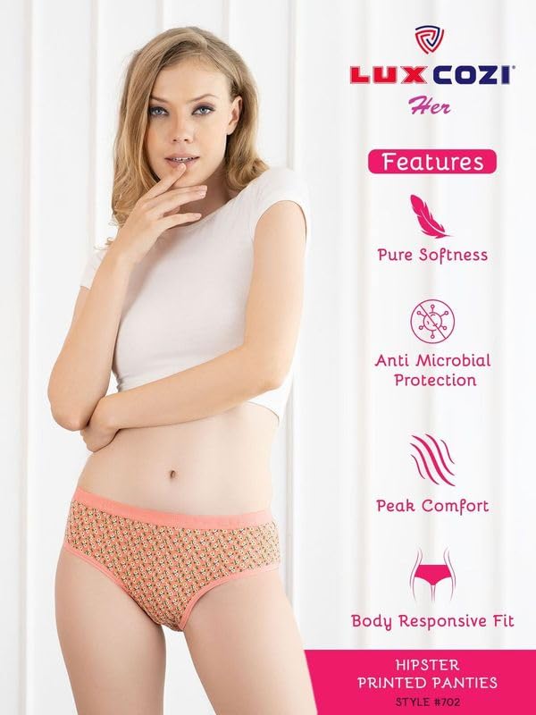 Image of Lux Cozi for her Outer Elastic Hipster 100% Cotton Panty Set for Women | Cotton Panty for Women | Underwear for Women |Hipster Panties for Women | Colors & Prints May Vary | Pack of 6