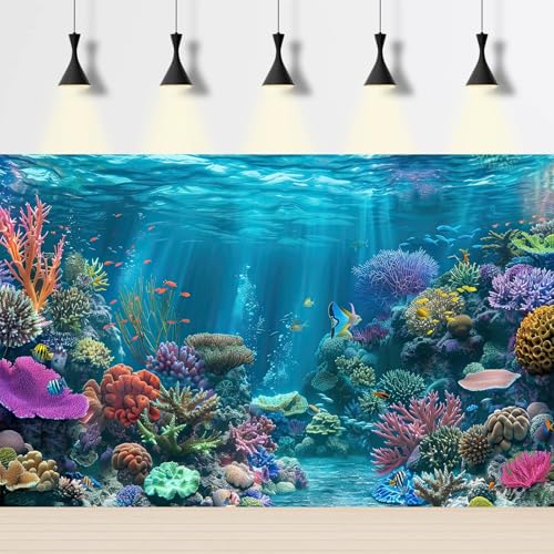 Image of Under The Sea Aquarium Background Turquoise Underwater World Theme Terrarium Background Deep Ocean Sea with Coral Rocks Fish Tank Backdrop Tropical Ocean Marine with Sunbeams Backdrops 24x16in
