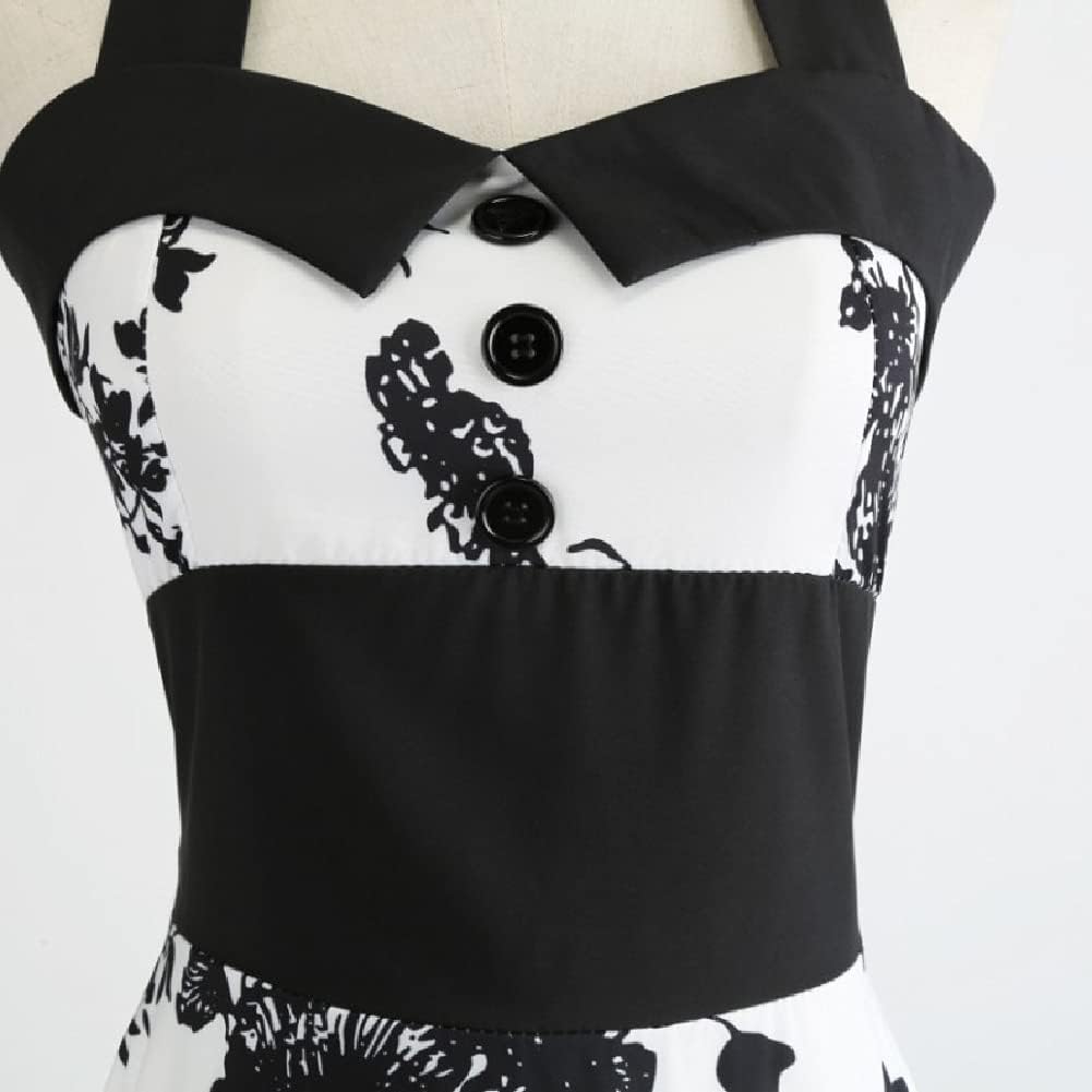 Women 50s 60s Vintage Floral Print Halter Neck Cocktail Swing Dress Buttons Backless Retro 1950s Rockabilly Audrey Hepburn Tea Party Prom Dress Boho Spring Short Wedding Evening Gown Black White S - Image 4