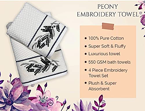 Image of SENSES By Riba Cotton Embroidered Towel Set, 550 GSM Soft & Absorbent, Antimicrobial, Oeko-Tex Certified | Ideal for Home & Gifting, Pack of 4 (2 Bath 27 inchX50 inch + 2 Hand Towels 16 inchX26 inch) - Style 6