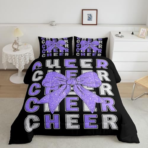 Image of Feelyou Cheer Kids Comforter Set King Size Purplw Bowknot Bedding Set Sport Cheerleader Duvet Quilt for Kids Boys Girls Bedroom Cheerleading Decor Microfiber Ultra Soft Breathable