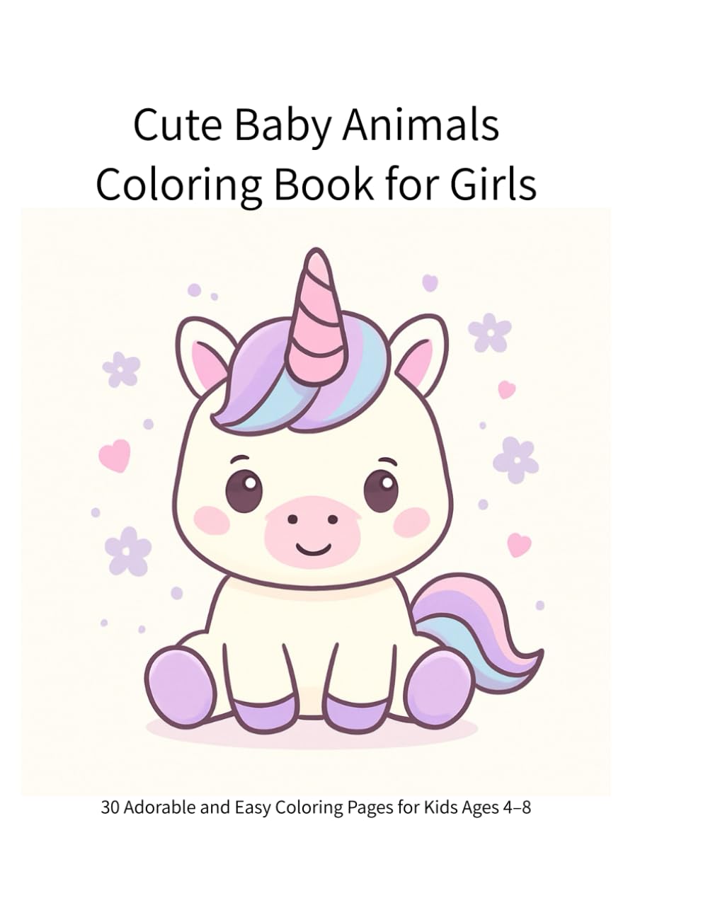 Cute Baby Animals Coloring Book for Girls: 30 Adorable and Easy Coloring Pages for Kids Ages 4–8