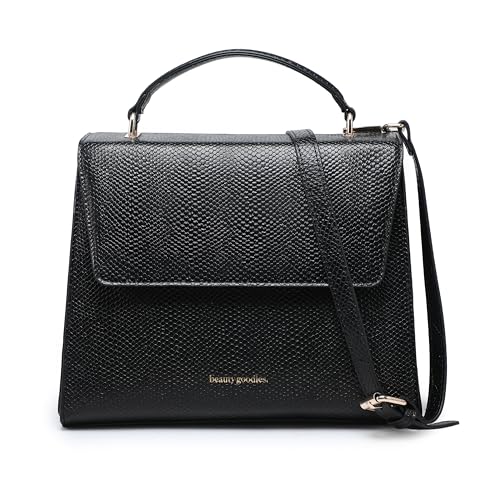 BEAUTYGOODIES Vegan Leather Rich BLACK Insulated Lunch Bag for Women Finely Textured CROC Pattern with Shoulder Strap & Magnetic Closures for Office Professional Women School and Gifts !