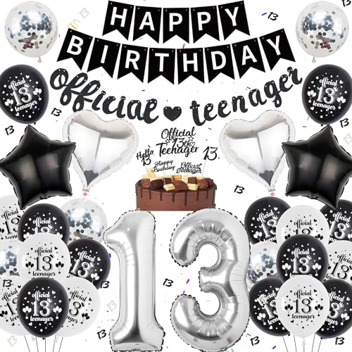 Luftballon 13. Geburtstag Schwarz Silber - 50 Stück Deko Set mit Official Teenager Banner, Liebe Stern Ballon, Kuchendekor für 13 Jahre Junge