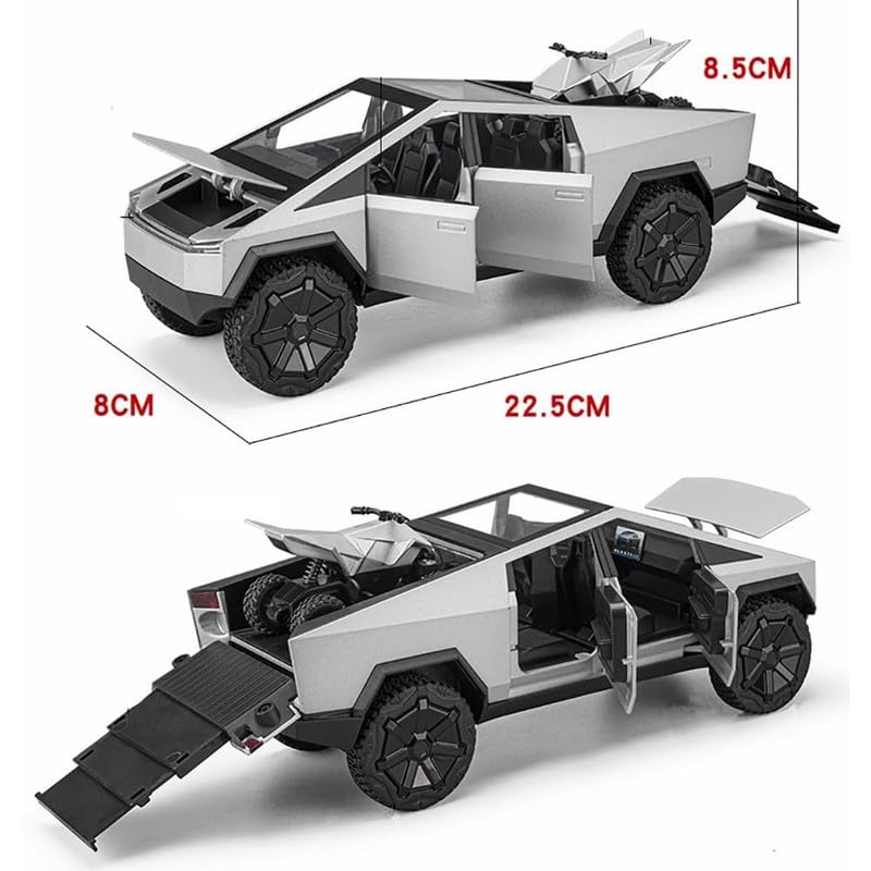 Image of Kids Model 1:24 Cyber Truck Die Cast Metal Car Pull Back Action Opening Doors with Realistic Engine Sound Lights Toy Car Gift for Boys - Silver