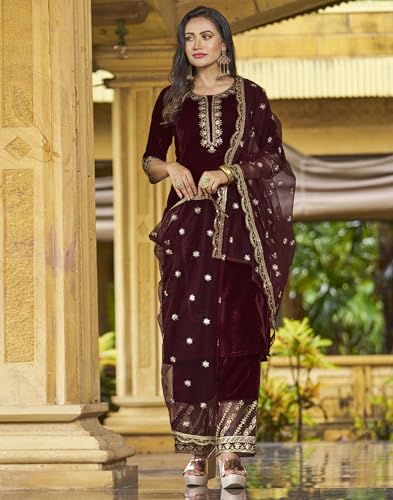 Image of SKYLEE Velvet Embroidery Straight Kurta Set with Dupatta