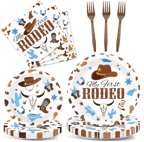 Image of 96 Pcs My First Rodeo Birthday Party Supplies Paper Plates Napkins Western Blue Cowboy 1st Rodeo Party Birthday Tableware Set Decorations Favors for Boy Baby Shower Serves 24
