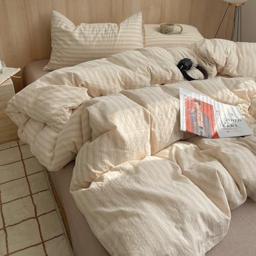 Image of MKXI Full Size Duvet Cover Set - 3 Piece Apricot White Vertical Stripe Bedding, Washed Cotton Soft Like Linen Textured Comforter Cover for All Seasons, Coastal Modern Farmhouse Decor