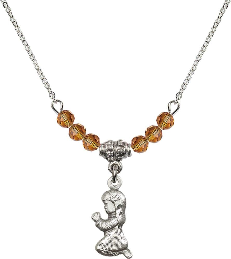 Bonyak Jewelry 18 Inch Rhodium Plated Necklace w/ 4mm Yellow November Birth Month Stone Beads and Praying Girl