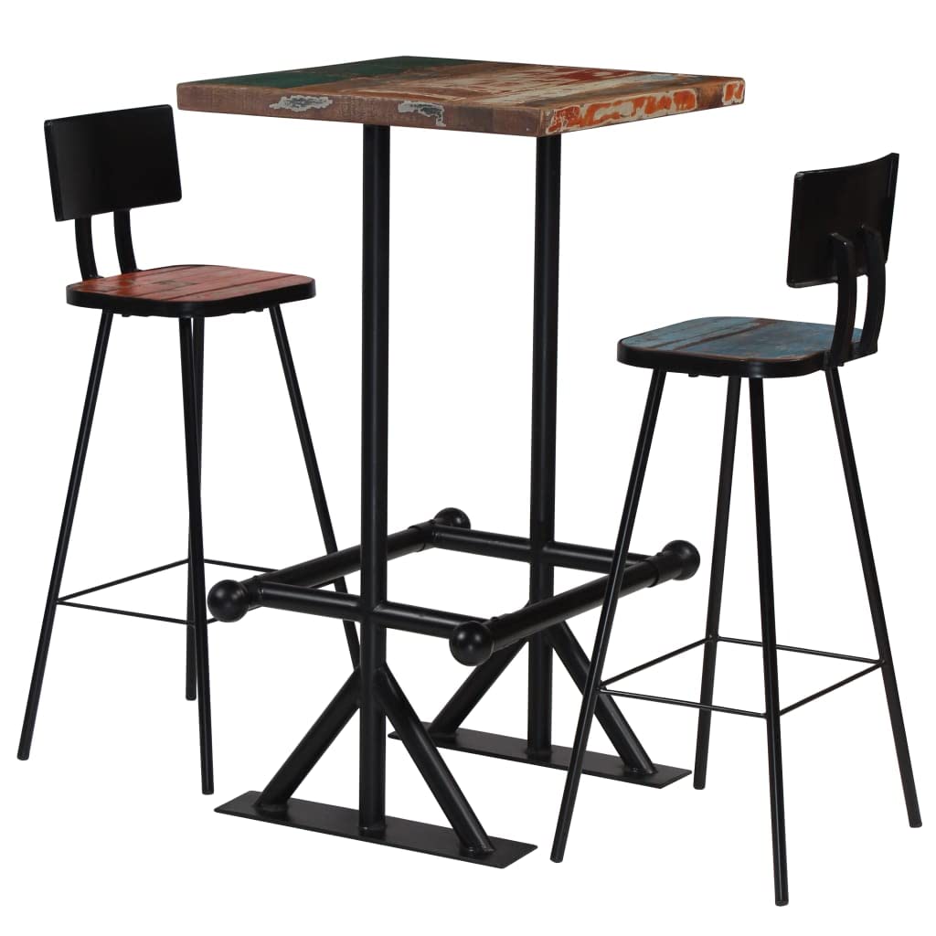 Ensemble de bar 3 pièces en bois massif vieilli multicolore avec cadre en acier, table debout 60 x 60 x 107 cm et 2 tabourets de bar, poli et laqué, idéal pour salle à manger, cuisine, salon