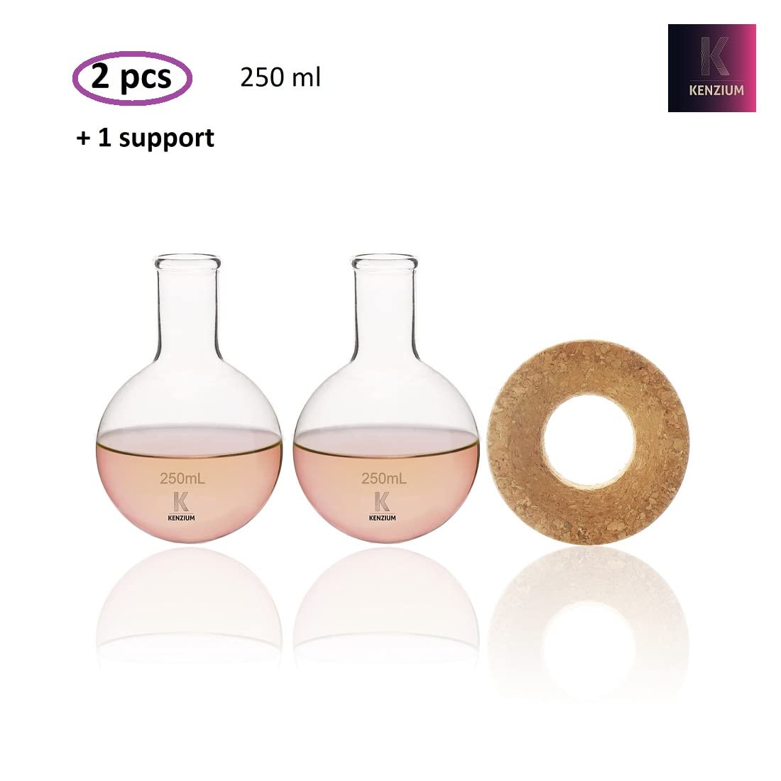 KENZIUM - Pack de 2 Matraces Esféricos de Fondo Redondo + 1 Soporte para Balones | 250 ml | Vidrio Borosilicato 3.3 | Cuello Estrecho | Altamente Resistentes, Ideal para Ebullición