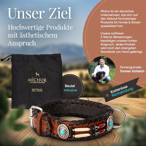 MICHUR Carlota Halsband Indianer, Hundehalsband Leder Braun, Lederhalsband Hund, Halsband, MIT TÜRKISEN Steinen, in verschiedenen Größen erhältlich