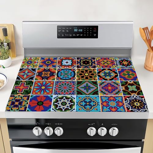 Image of Mexican Tile Stove Top Cover, 20x28 in Cinco de Mayo Stove Covers for Electric Stove Mexica Home Decor Glass Stove Top Mat Heat Resist Gas Range Mat Party Stove Top Protector Kitchen Cooktop Pad
