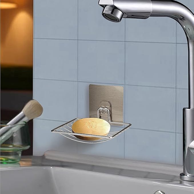 Image of Wall Mounted Stainless Steel Bathroom Soap Rack | Strong Self-Adhesive Shower Organizer for Soap & Toiletries | Rustproof Storage Rack for Kitchen, Washroom & Toilet, No Drilling - Pack of 2
