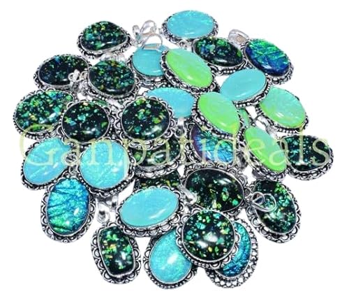 Handcrafted 925 Silver Plated Natural Dichroic Glass Gemstone Pendant Collection Unique Handmade Lots Fashion Jewelry Accessories Boho Chic Artisan Gifts for Women and Men (30 Pcs)