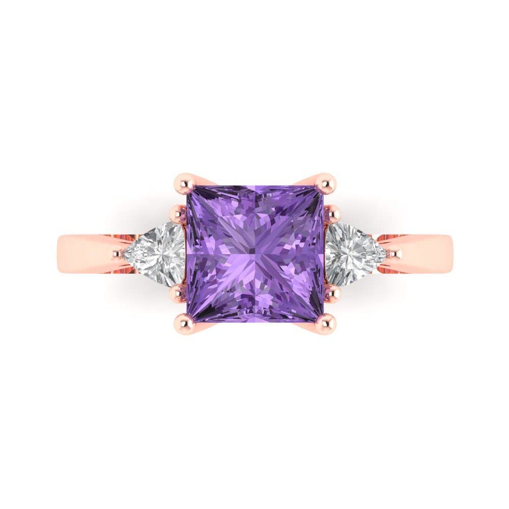 Clara Pucci2.32ct Brilliant Princess Cut Simulated Alexandrite 14k Rose Gold Three-Stone Ring
