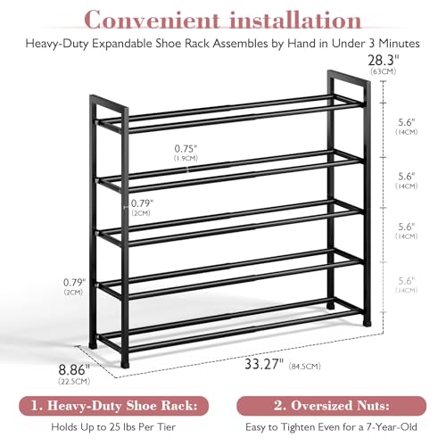 Image of Bumusty 5-Tier Expandable Shoe Rack for Closet, 18 inch-33 inch Adjustable Shoe Rack for Small Space, Small Shoe Organizer for Front Door, Sturdy Metal (Black)