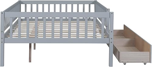 Miniatura 5 de Epinki Cama de madera tamaño matrimonial con 2 cajones, gris, marco de cama para niños, no necesita somier, fácil montaje