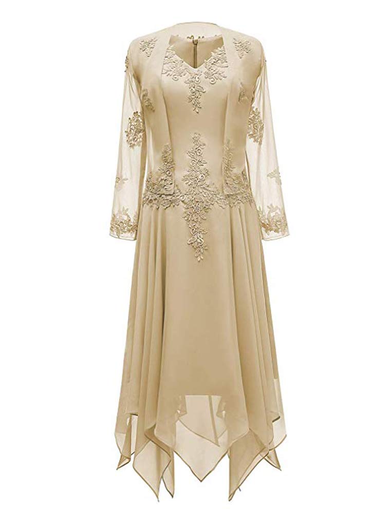 Leader of the Beauty 2 Piece Chiffon V-Neck Tea Length Mother of The Bride Dress Appliques Formal Evening Gowns with Long Sleeves Jacket 12 Champagne