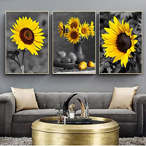 Tableau triptyque tournesol noir et blanc 40x60cm pour salon