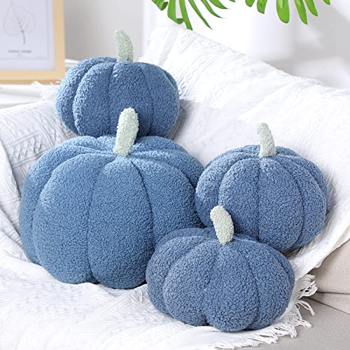 Kajaia 4 Oreillers de Citrouille Simulée Moelleuse en Peluche 3D Coussin en Forme de Citrouille Décorations d'automne pour Thanksgiving Halloween, 11 Pouces, 7 Pouces (Bleu) Cover