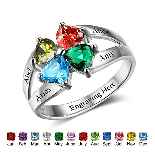 Glamcarat Personalized Sterling Silver Mothers Rings With 4 Birthstones Engraved Mom Gift Anniversary Promise Rings Fine Jewelry For Women (Sterling-Silver) #TOP4