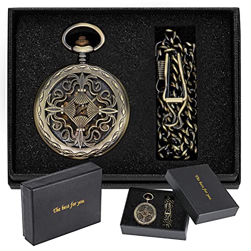 Image of Bronze Retro Mechanical Pocket Watch Skeleton Roman Numerals Hollow Mechanical Pocket Watches with Box