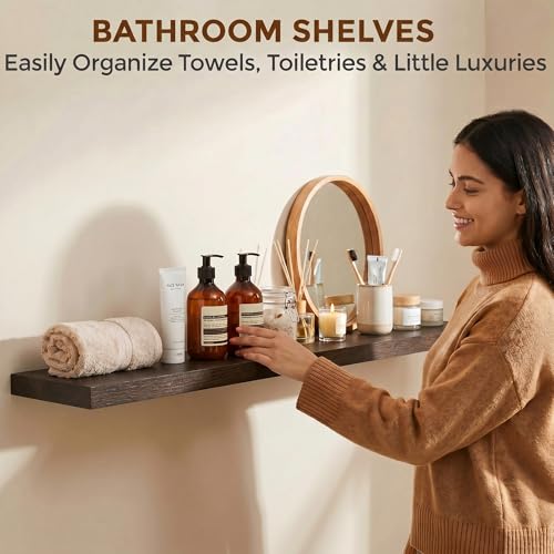 Image of Dreamland 55 Inch Floating Shelves for Wall, Solid Elm Wood Wall Shelves for Living Room, Bedroom, Kitchen, Bathroom, Wall Mounted Long Floating Shelf Set of 1, Walnut