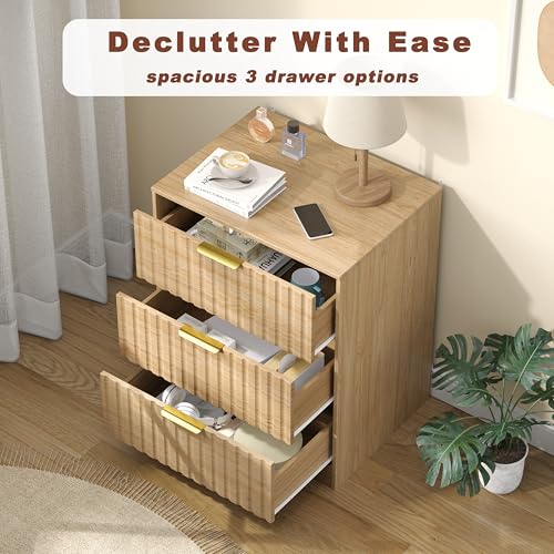 Image of Fluted 3 Drawer Dresser,24 inch Wood Night Stand, Bedside & End Table with Metal Handles, Modern Wood Chest of Drawers for Bedroom, Entryway, Hallway,Living Room,Natural Wood