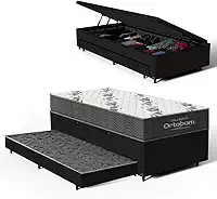 Bicama Box Baú Solteiro com Colchão de Espuma D33 Ortobom Airtech 100 + Auxiliar Unique 88cm (Preto)