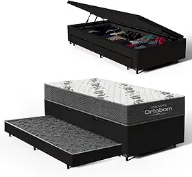 Bicama Box Baú Solteiro com Colchão de Espuma D33 Ortobom Airtech 100 + Auxiliar Unique 88cm (Preto)