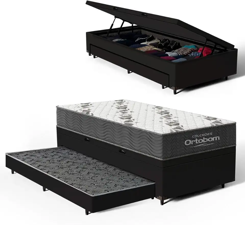 Bicama Box Baú Solteiro com Colchão de Espuma D33 Ortobom Airtech 100 + Auxiliar Unique 88cm (Preto)