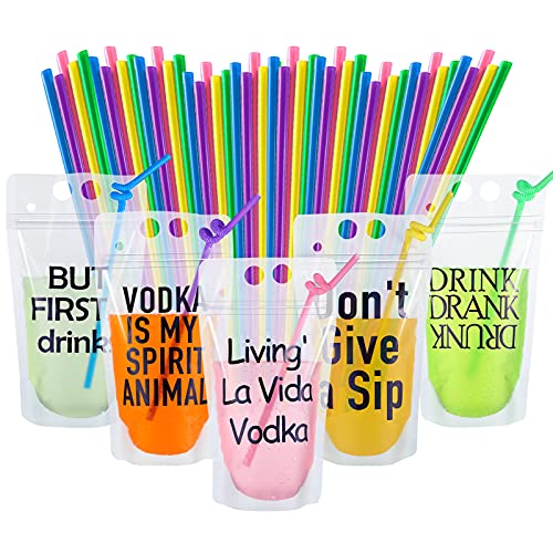 20 Pieces Party Drink Pouches with 20 Pieces Colorful Drink Straws Funny Drink Pouches Novelty Juice Party Pouches Translucent Stand-up Plastic Bags for Party Favors