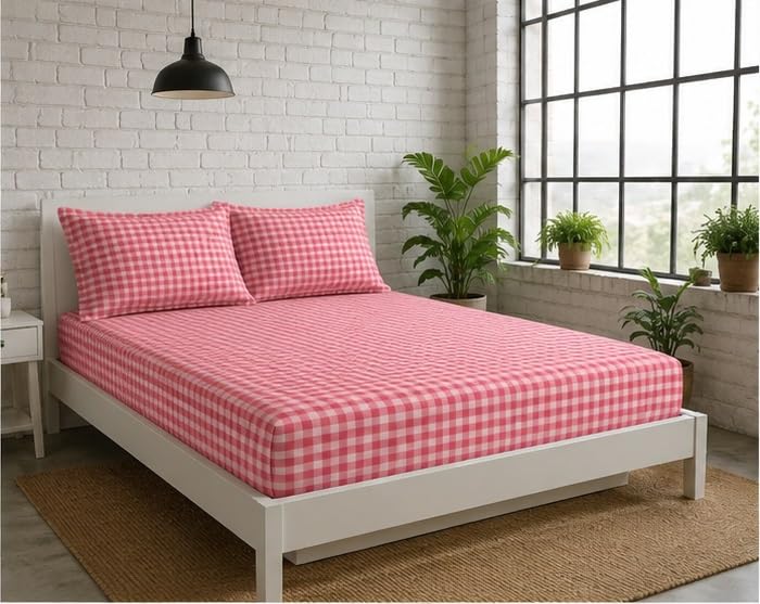 Image of 210 TC Premium Glace Cotton Checked Design Flat King Bedsheet with Pillow Cover - Comfortable Cotton Sheet for Everyday Use - Pink