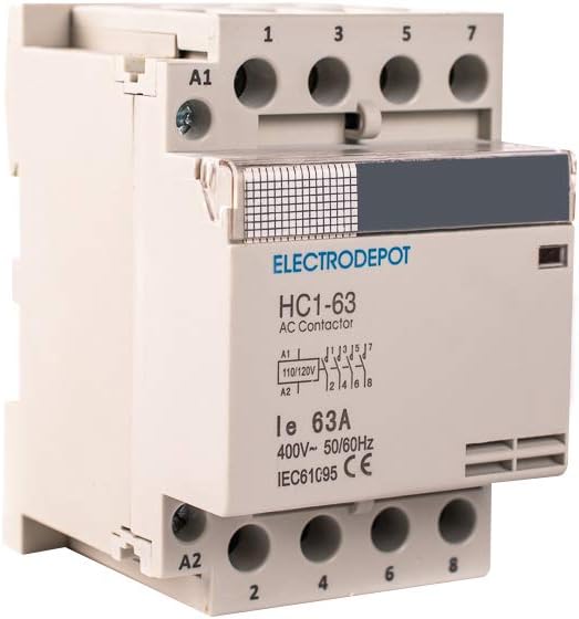 Electrodepot 60 Amp 4 Pole Normally Open IEC 400V Contactor (Silent Operation) – 110-120VAC Coil, Inductive 40A, Resistive 60A with Mounting Base for DIN Rail (1 Pack)