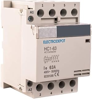 Electrodepot 60 Amp 4 Pole Normally Open IEC 400V Contactor (Silent Operation) â€“ 110-120VAC Coil, Inductive 40A, Resistive 60A with Mounting Base for DIN Rail (1 Pack)