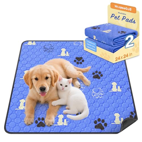 Image of WanpeeGoo Washable Pee Pads for Dogs, Waterproof, 24 x 24 in, 2 Pack, Blue | Super Absorbent, Waterproof and Non-Slip; Washable, Reusable Dog Pads for Crates, Playpens, Floors, Furniture and Travel