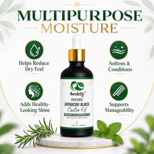 Image of Seddy Organic Jamaican Black Castor Oil with Rosemary & Peppermint - Cold-Pressed, Hexane-Free Hair Growth & Scalp Treatment Oil for Thicker, Stronger Hair, Edges & Beard - 3.4 fl oz