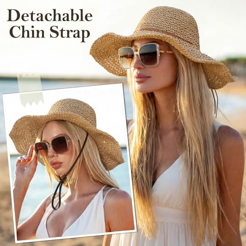 Image of Beach Sun Straw Hats for Women, Floppy Wide Brim Summer Straw Hats, Foldable Packable Roll up Cap