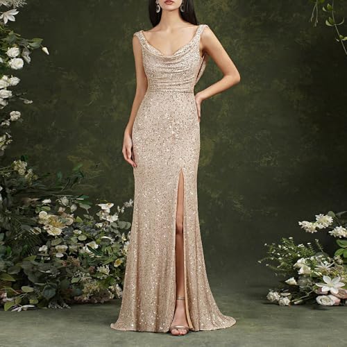 Image of Women's Sexy Apricot Sequin Thigh Split Long Backless Gown Cocktail Party Bridesmaid Bodycon Midi Dress